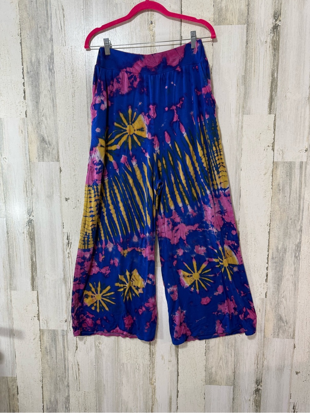 Boho Wide-Leg Tie-Dye Pants in Blue, Pink & Yellow